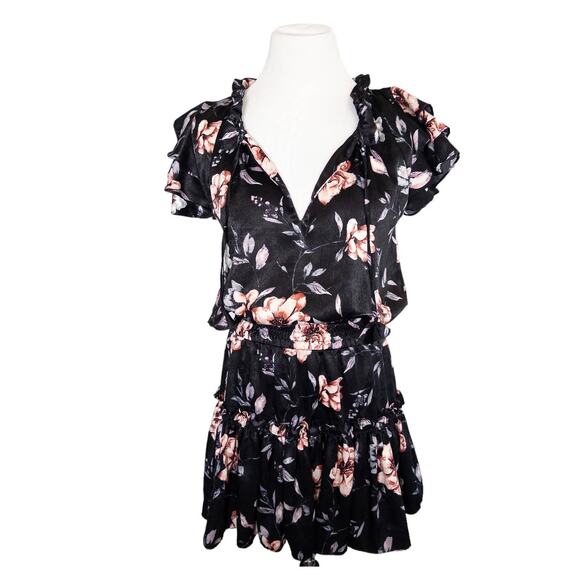 Misa Cecil Ruffle Flutter Sleeve Smocked Tiered Floral Dress Black Rose Small - Picture 5 of 15